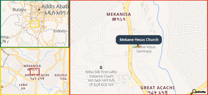 Map showing the address of Mekane-Yesus Church in three different zoom levels.