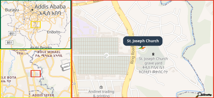 Map showing the address of St. Joseph Church in three different zoom levels.
