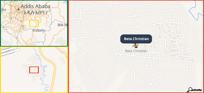 Map showing the address of Beta Christian in three different zoom levels.