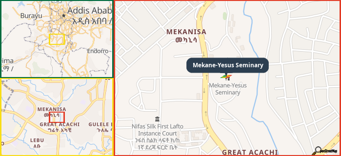 Map showing the address of Mekane-Yesus Seminary in three different zoom levels.