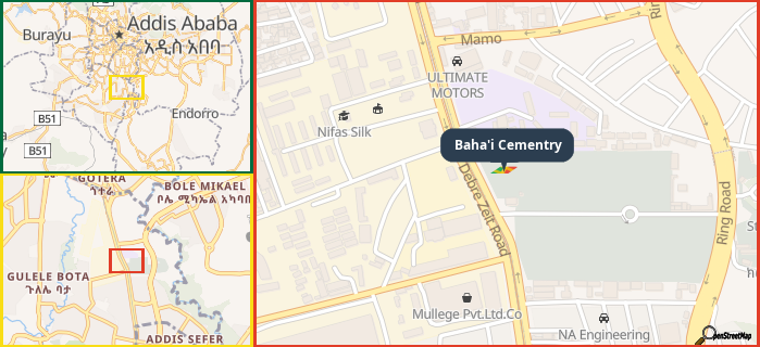 Map showing the address of Baha'i Cementry in three different zoom levels.