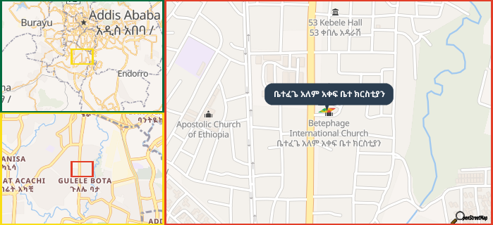 Map showing the address of ቤተፈጌ አለም አቀፍ ቤተ ክርስቲያን in three different zoom levels.