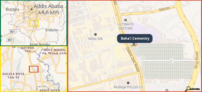 Map showing the address of Baha'i Cementry in three different zoom levels.