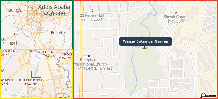 Map showing the address of Wanza Botanical Garden in three different zoom levels.
