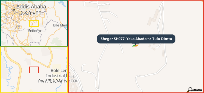 Map showing the address of Sheger SH077: Yeka Abado => Tulu Dimtu in three different zoom levels.