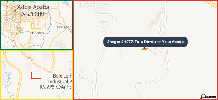Map showing the address of Sheger SH077: Tulu Dimtu => Yeka Abado in three different zoom levels.