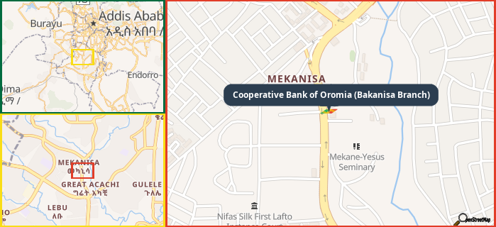 Map showing the address of Cooperative Bank of Oromia (Bakanisa Branch) in three different zoom levels.
