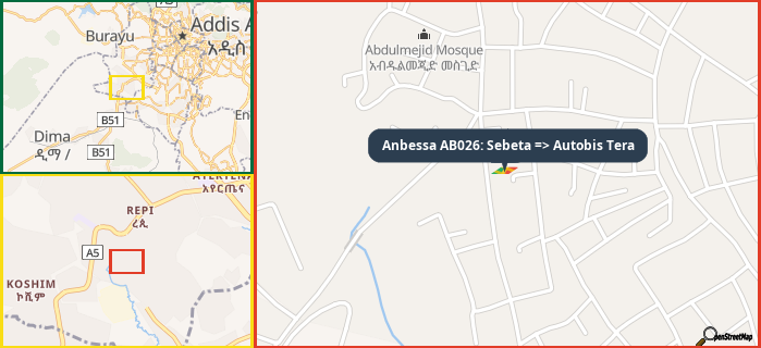 Map showing the address of Anbessa AB026: Sebeta => Autobis Tera in three different zoom levels.