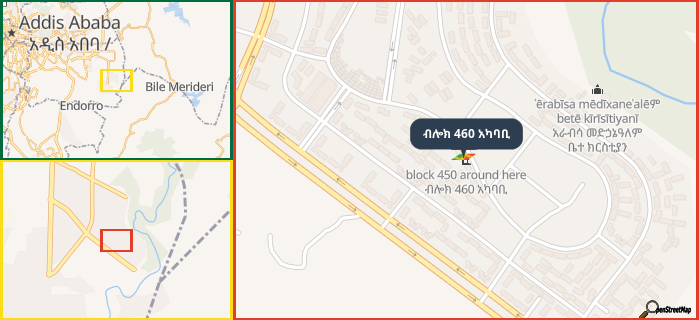 Map showing the address of ብሎክ 460 አካባቢ in three different zoom levels.