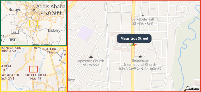 Map showing the address of Mauritius Street in three different zoom levels.