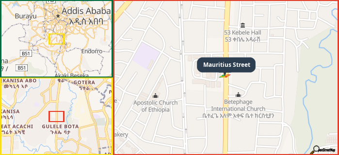 Map showing the address of Mauritius Street in three different zoom levels.