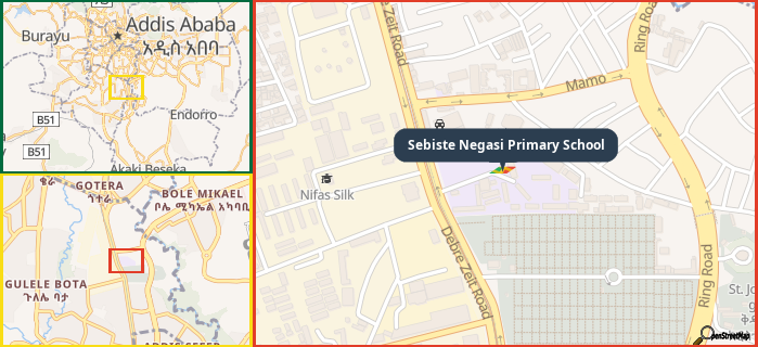 Map showing the address of Sebiste Negasi Primary School in three different zoom levels.