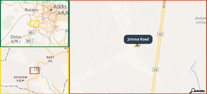 Map showing the address of Jimma Road in three different zoom levels.