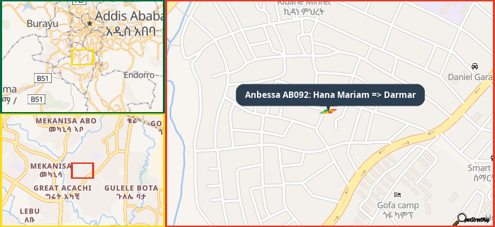 Map showing the address of Anbessa AB092: Hana Mariam => Darmar in three different zoom levels.