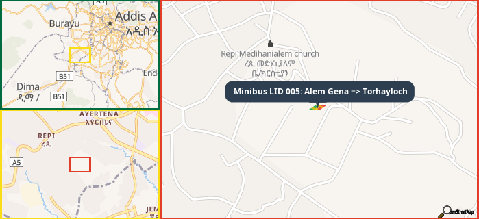 Map showing the address of Minibus LID 005: Alem Gena => Torhayloch in three different zoom levels.