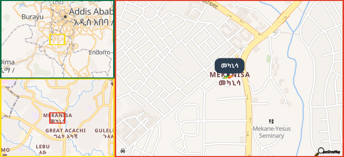Map showing the address of መካኒሳ in three different zoom levels.