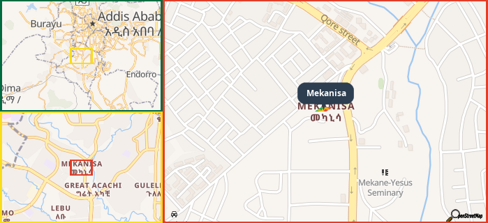 Map showing the address of Mekanisa in three different zoom levels.