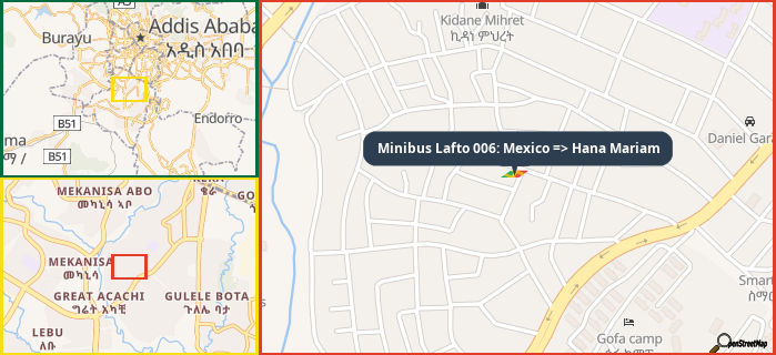 Map showing the address of Minibus Lafto 006: Mexico => Hana Mariam in three different zoom levels.