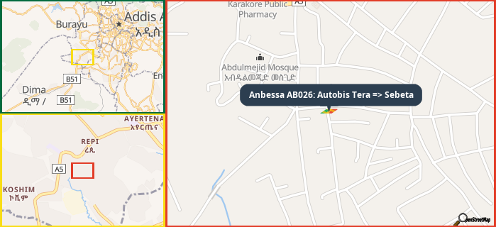 Map showing the address of Anbessa AB026: Autobis Tera => Sebeta in three different zoom levels.