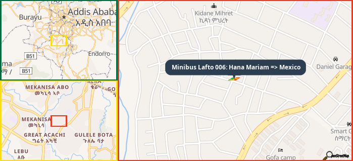 Map showing the address of Minibus Lafto 006: Hana Mariam => Mexico in three different zoom levels.