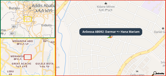 Map showing the address of Anbessa AB092: Darmar => Hana Mariam in three different zoom levels.