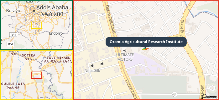 Map showing the address of Oromia Agricultural Research Institute in three different zoom levels.