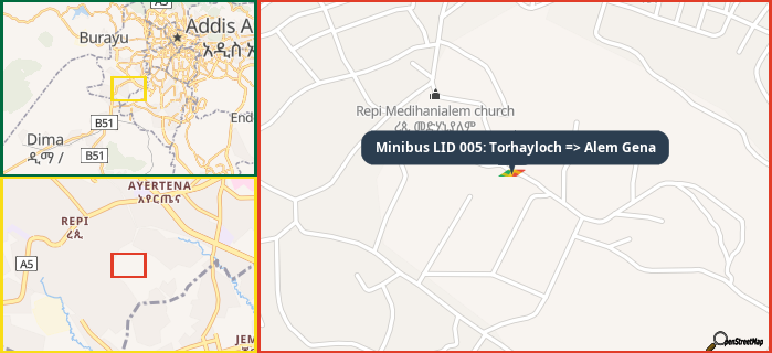 Map showing the address of Minibus LID 005: Torhayloch => Alem Gena in three different zoom levels.