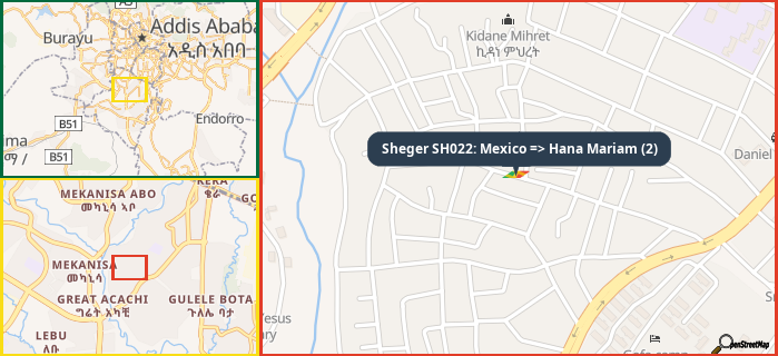 Map showing the address of Sheger SH022: Mexico => Hana Mariam (2) in three different zoom levels.