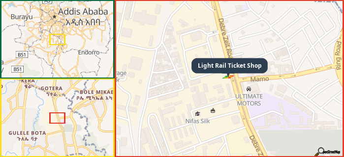 Map showing the address of Light Rail Ticket Shop in three different zoom levels.