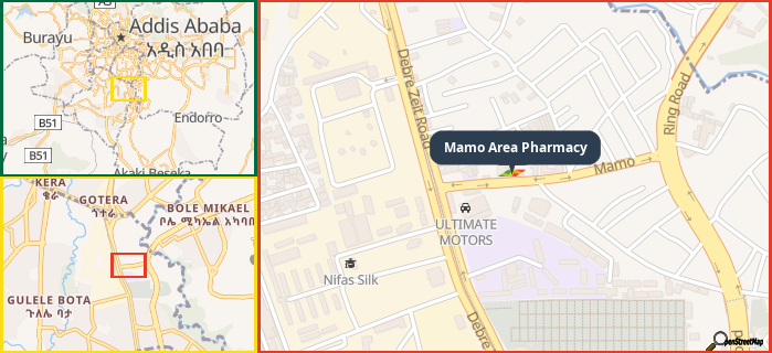 Map showing the address of Mamo Area Pharmacy in three different zoom levels.