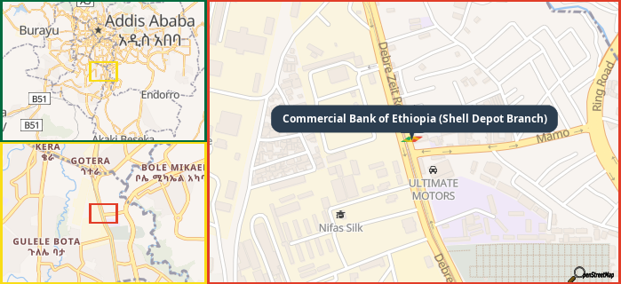 Map showing the address of Commercial Bank of Ethiopia (Shell Depot Branch) in three different zoom levels.