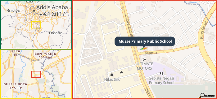 Map showing the address of Musse Primary Public School in three different zoom levels.