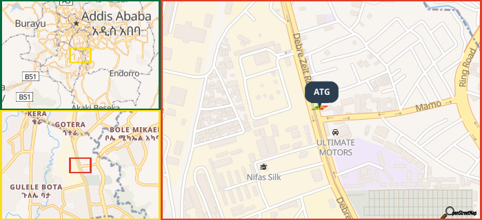 Map showing the address of ATG in three different zoom levels.