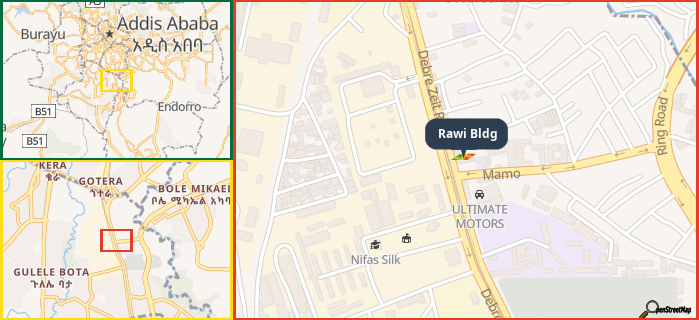 Map showing the address of Rawi Bldg in three different zoom levels.