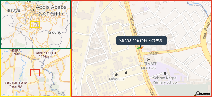 Map showing the address of አቢሲንያ ባንክ (ጎተራ ቅርንጫፍ) in three different zoom levels.