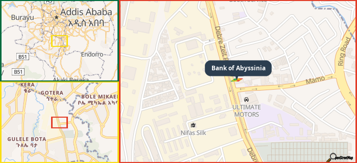 Map showing the address of Bank of Abyssinia in three different zoom levels.