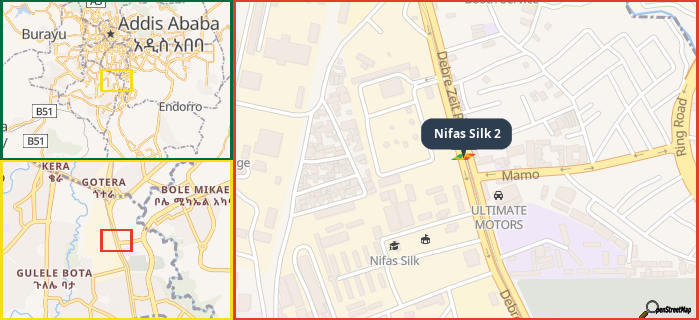 Map showing the address of Nifas Silk 2 in three different zoom levels.