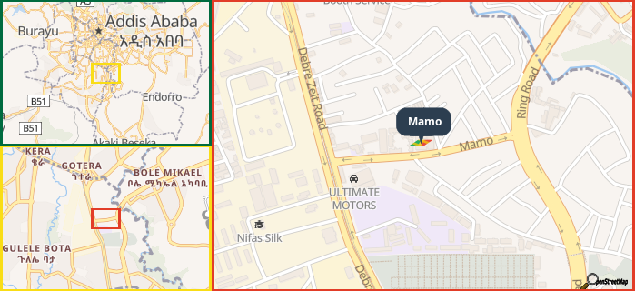 Map showing the address of Mamo in three different zoom levels.