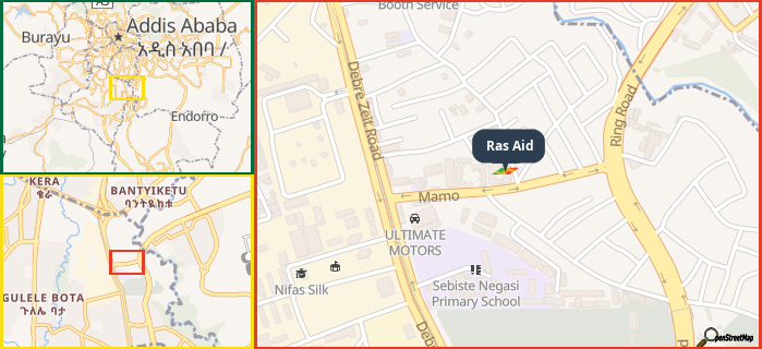 Map showing the address of Ras Aid in three different zoom levels.