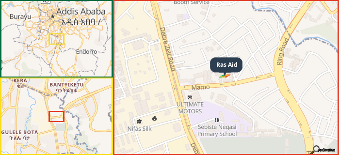 Map showing the address of Ras Aid in three different zoom levels.