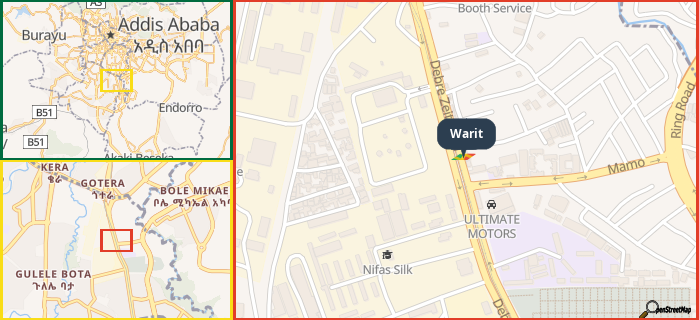 Map showing the address of Warit in three different zoom levels.