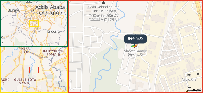 Map showing the address of ሸዊት ጋራዥ in three different zoom levels.