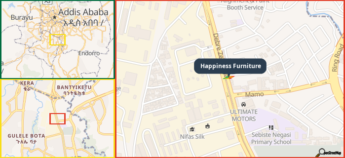 Map showing the address of Happiness Furniture in three different zoom levels.