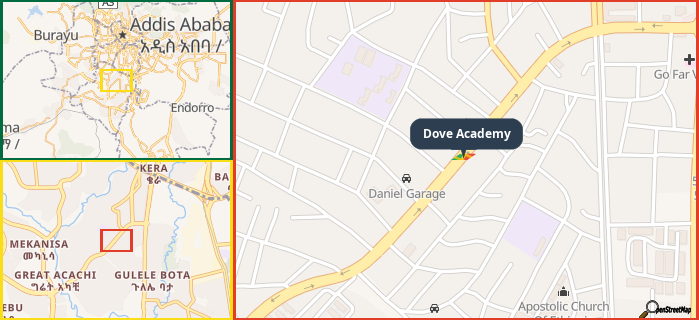 Map showing the address of Dove Academy in three different zoom levels.