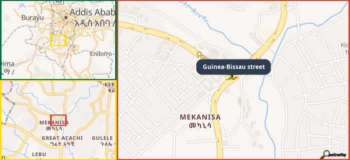 Map showing the address of Guinea-Bissau street in three different zoom levels.