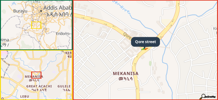 Map showing the address of Qore street in three different zoom levels.