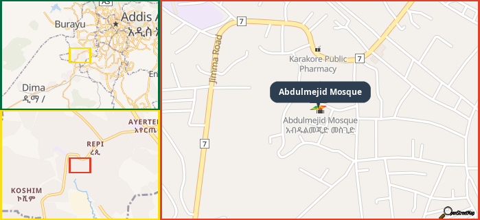 Map showing the address of Abdulmejid Mosque in three different zoom levels.