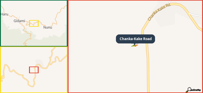 Map showing the address of Chanka-Kake Road in three different zoom levels.