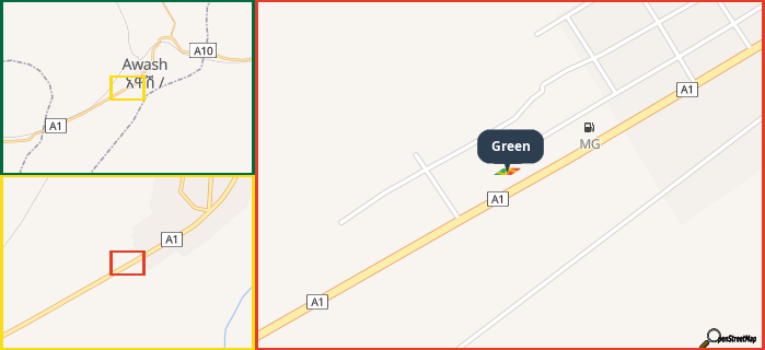 Map showing the address of Green in three different zoom levels.