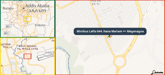 Map showing the address of Minibus Lafto 044: Hana Mariam => Megenagna in three different zoom levels.